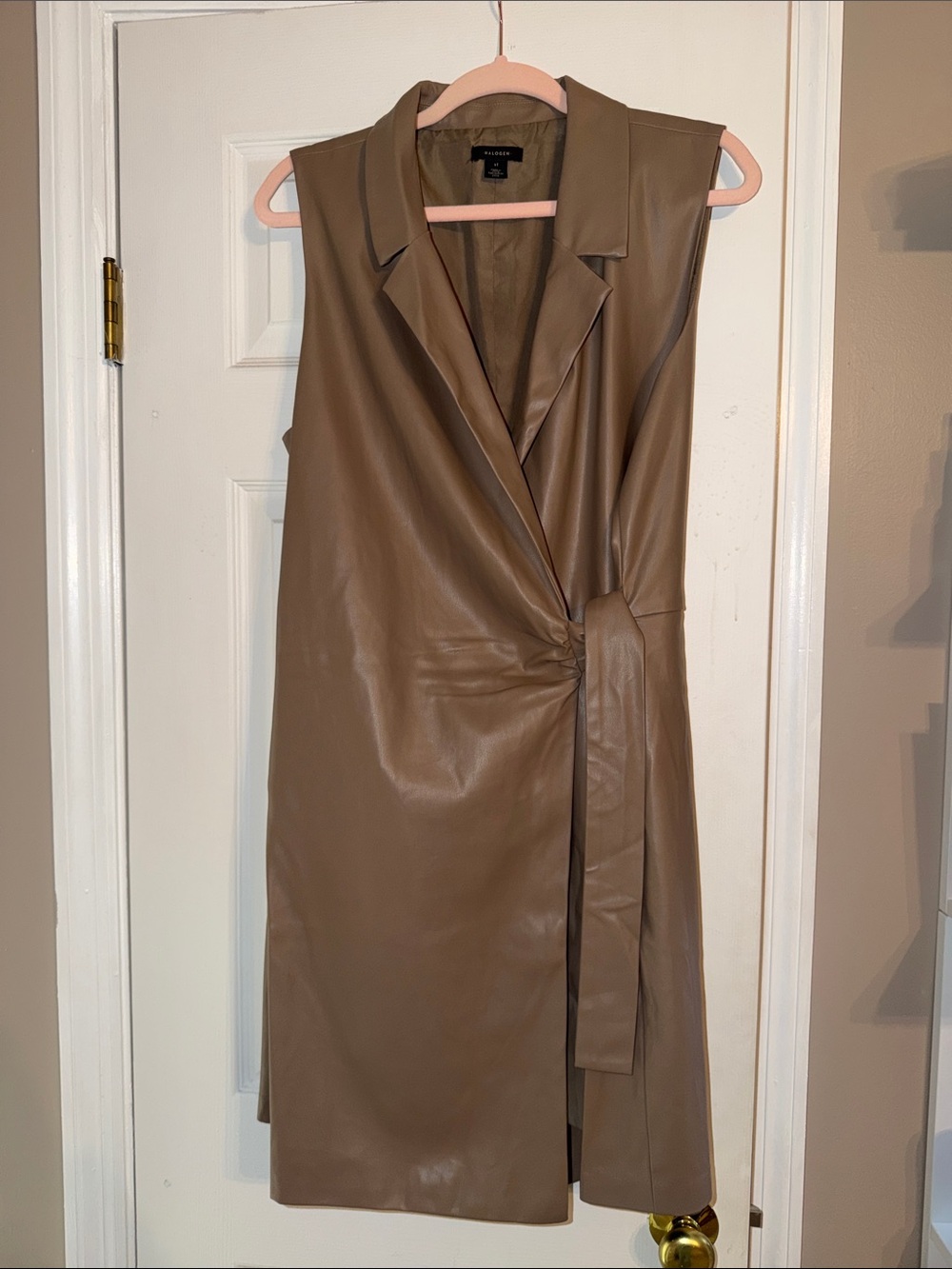 Halogen Sleeveless Faux Leather Wrap Midi Dress in Taupe